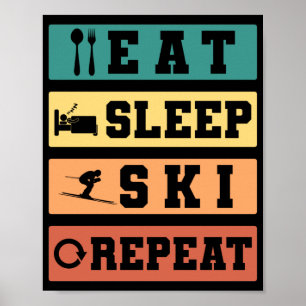 Poster Ski Rétro Manger Sommeil Ski Répéter Skier Hiver