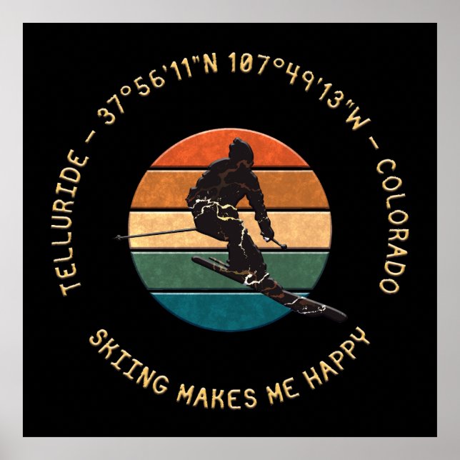 Poster Ski Telluride, Colorado - Homme Skier, Texte Jaune (Devant)
