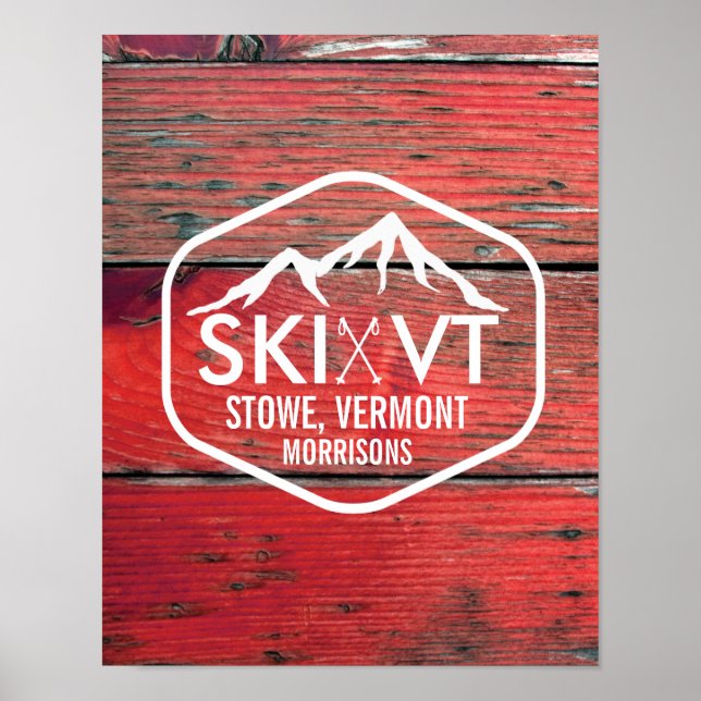 Poster Ski Vermont Stowe Killington Stratton Red Barnwood (Devant)