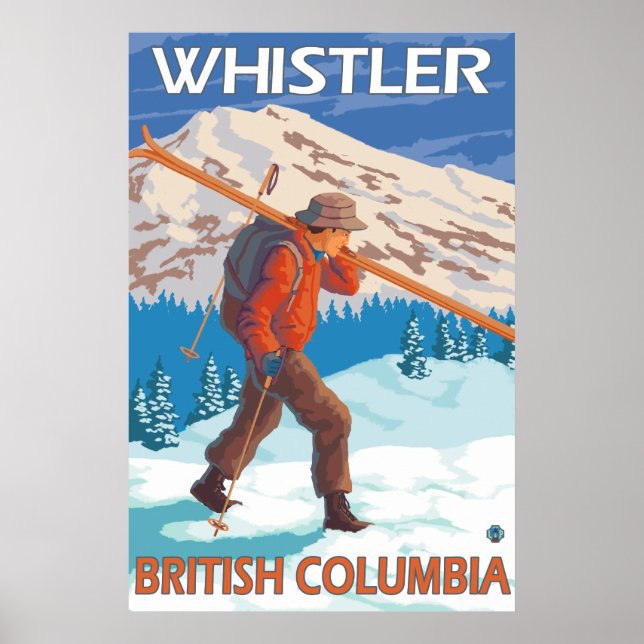 Poster Skier transportant des skis de neige - Whistler, C (Devant)