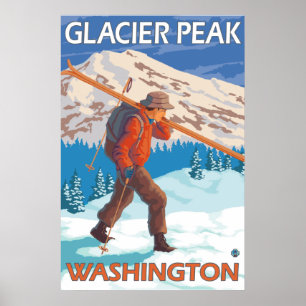 Poster Skier transportant du ski de neige - Glacier Peak,