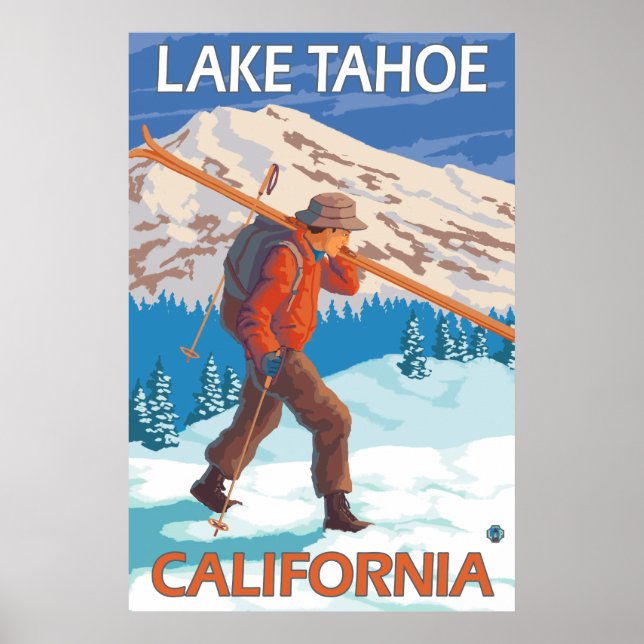 Poster Skier transportant ski de neige - Lake Tahoe, Cali (Devant)