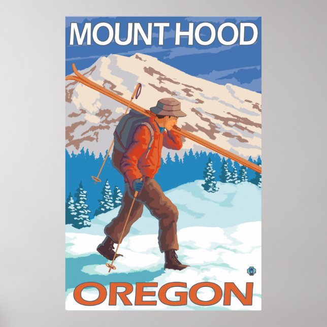 Poster Skier transportant ski de neige - Mont Hood, OU (Devant)