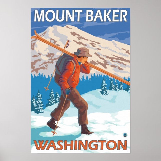 Poster Skier transportant ski de neige - Mount Baker, WA (Devant)
