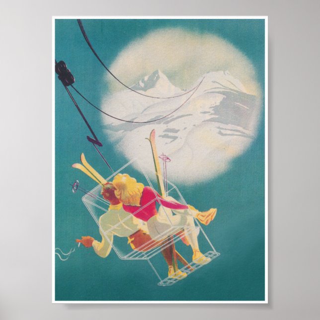 Poster Skieurs sur Ski Ascenseur et Lune Romantique Vinta (Devant)
