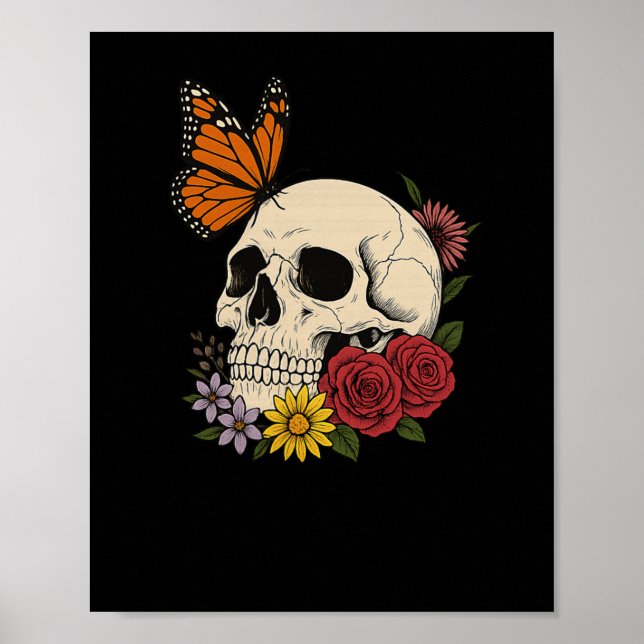 Poster Skulls Monarch Butterfly Flowers Halloween Men Wom (Devant)