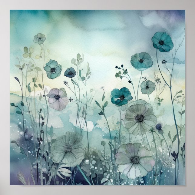 Poster Sky Blues Wild Field Flowers Art (Devant)