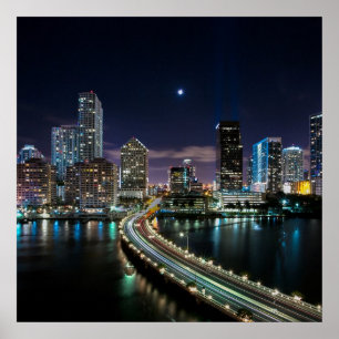 Poster Skyline de Miami ville avec pont la nuit