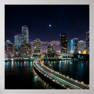 Poster Skyline de Miami ville avec pont la nuit