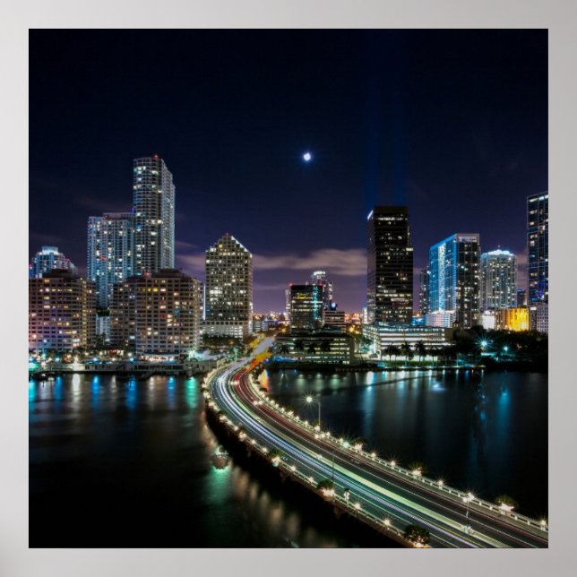 Poster Skyline de Miami ville avec pont la nuit (Devant)