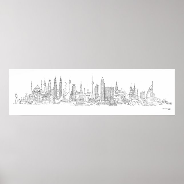 Poster Skyline du monde (Noir + Blanc) (Devant)