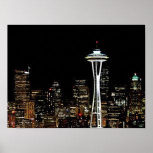 Poster Skyline Seattle la nuit, avec Space Needle.