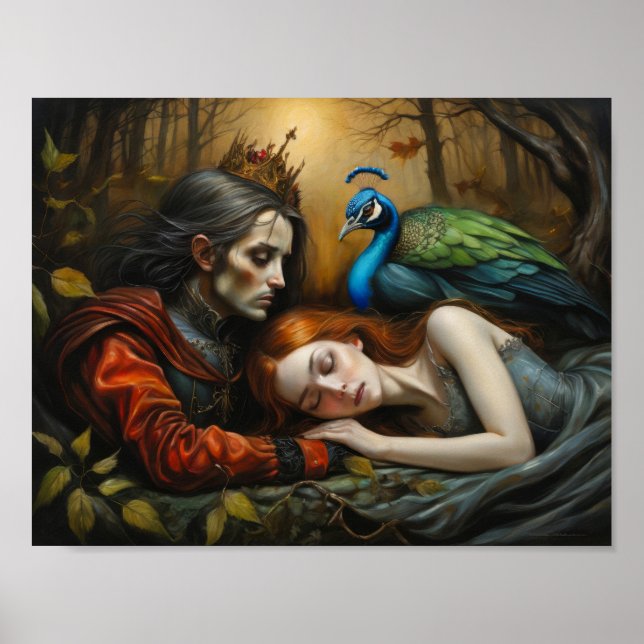 Poster Sleeping Beauty conte avec paon et prince (Devant)