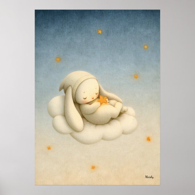 Poster Sleeping Bunny Cloud Nursery Baby Illustration (Devant)