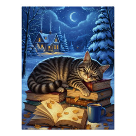 Poster Sleeping Cat on Books Winter Night