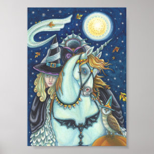 POSTER SLEEPING HOLLOW WITCH UNICORN & OWL HALLOWEEN POST