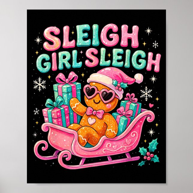 Poster Sleigh Girl Cute Gingerbread Christmas Art  (Devant)
