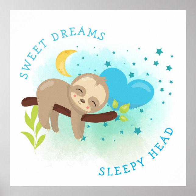 Poster Sloth Asleep Sweet Dreams Sleepy Head Baby Boy (Devant)