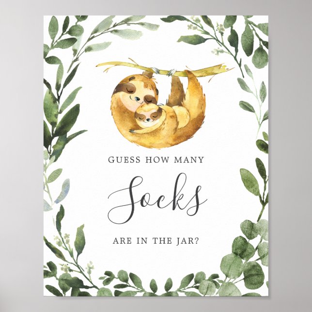 Poster Sloth Baby shower Devine Combien de Chaussettes Si (Devant)
