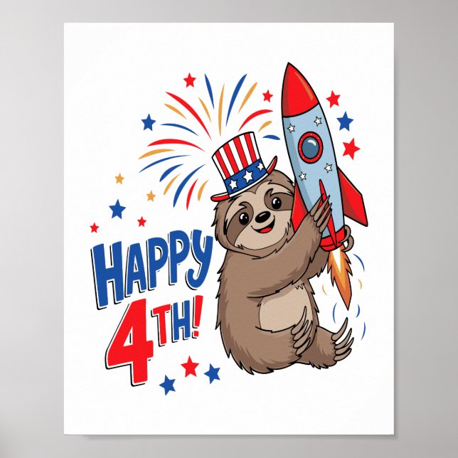 Poster Sloth Happy 4th Rocket Fireworks USA (Devant)