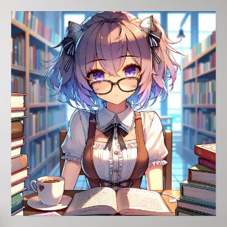Poster Smart Anime Girl in Library Reading Books