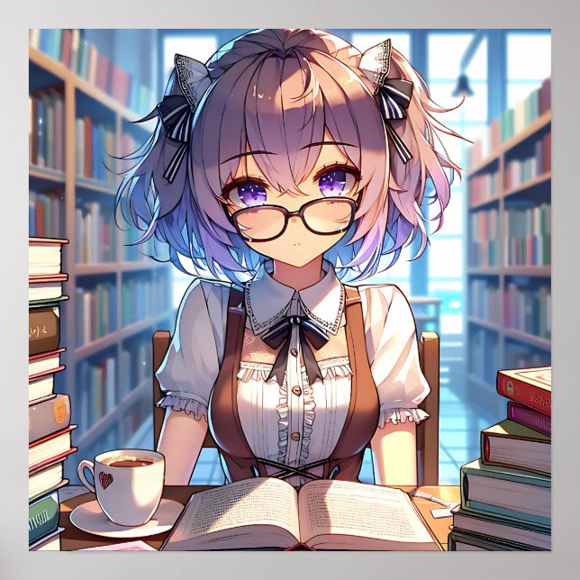 Poster Smart Anime Girl in Library Reading Books (Devant)