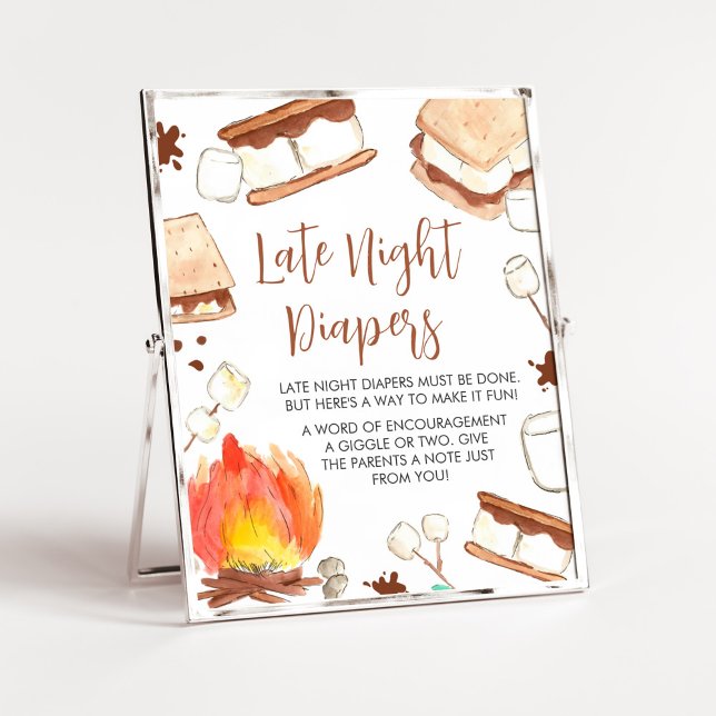 Poster S'mores Camping Baby shower Late Night Diapers (Smore Fun Baby Shower Late Night Diapers Sign)