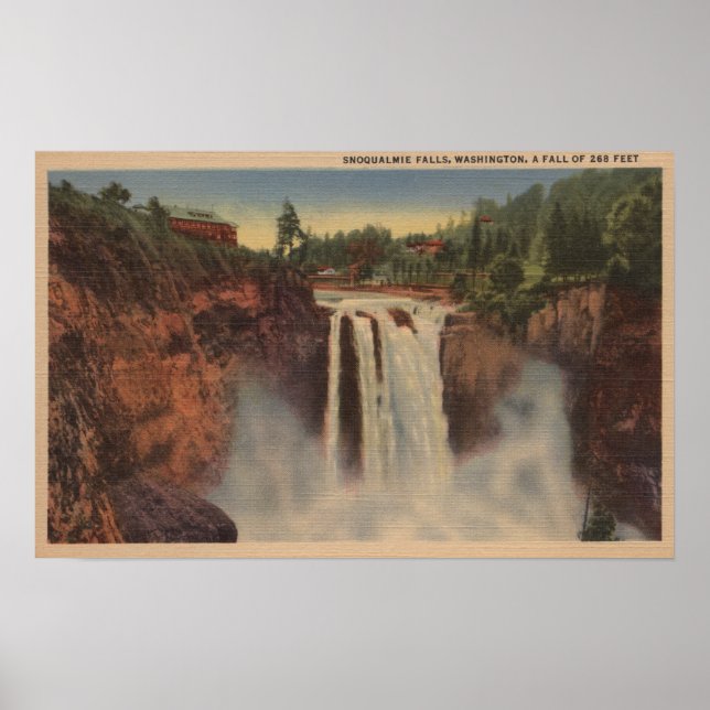 Poster Snoqualmie Falls, WA - Vue des chutes et du lodge (Devant)