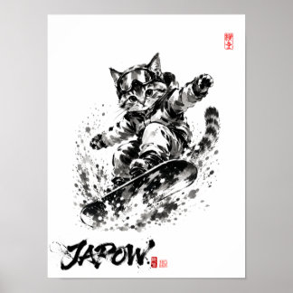 Poster Snowboard Brush Art - Snowboarder cat