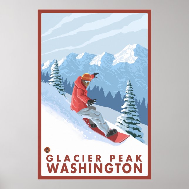 Poster Snowboarder Scender - Glacier Peak, Washington (Devant)