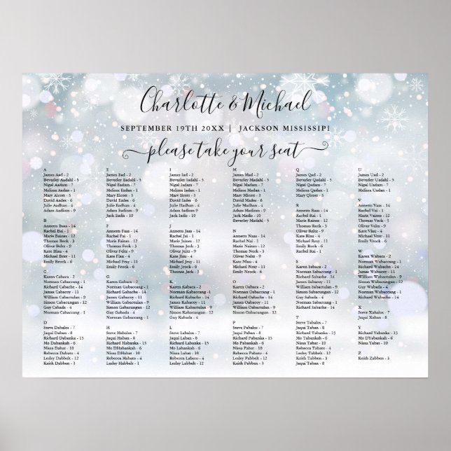 Poster Snowflakes d'hiver 200 Noms Mariage Carte de siège (Devant)
