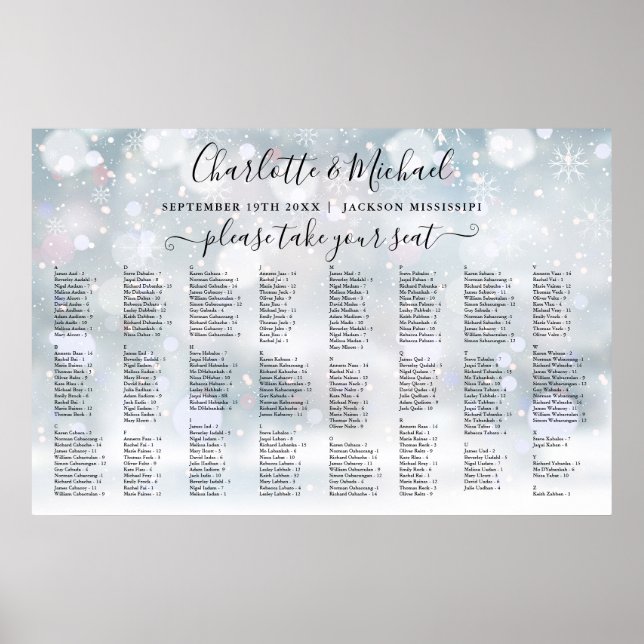 Poster Snowflakes d'hiver 300 Noms Mariage Carte de siège (Devant)