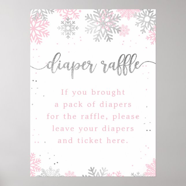 Poster Snowflakes Pink Silver Diaper Baby shower Raffin (Devant)