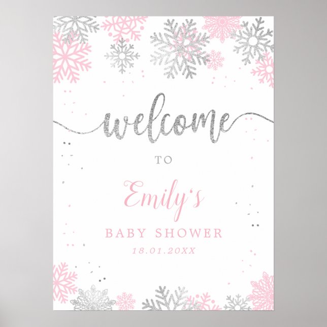 Poster Snowflakes Pink Silver Girl Baby shower Bienvenue (Devant)