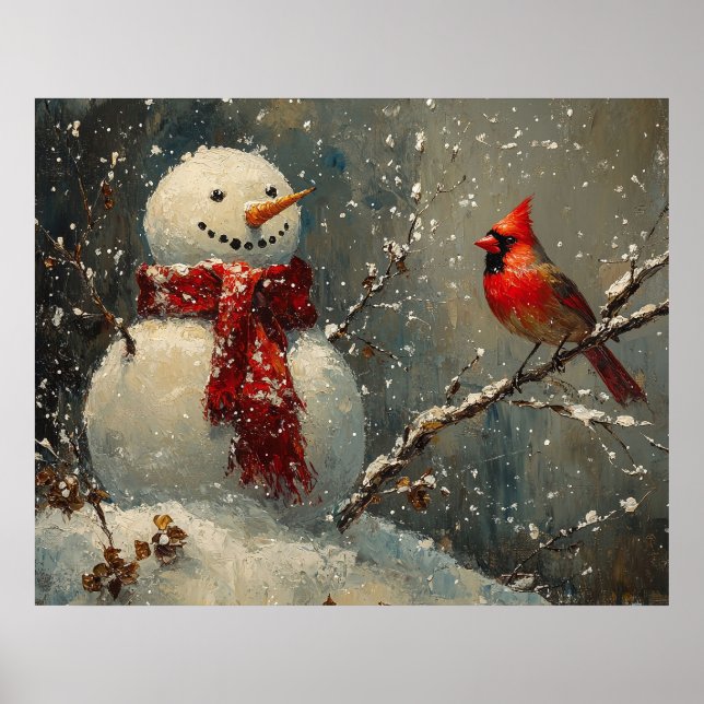 Poster Snowman and a Cardinal Oil Painting (Devant)