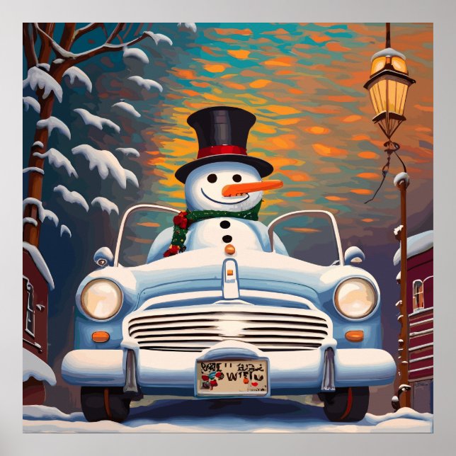 Poster Snowman dans une voiture convertible (Devant)