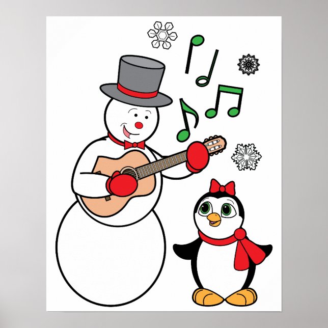 Poster Snowman de Noël, Penguin et Guitare (Devant)