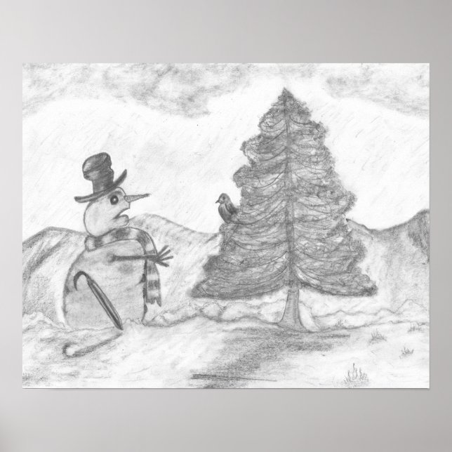 Poster Snowman Grayscale Crayon dessin de la scène de Noë (Devant)