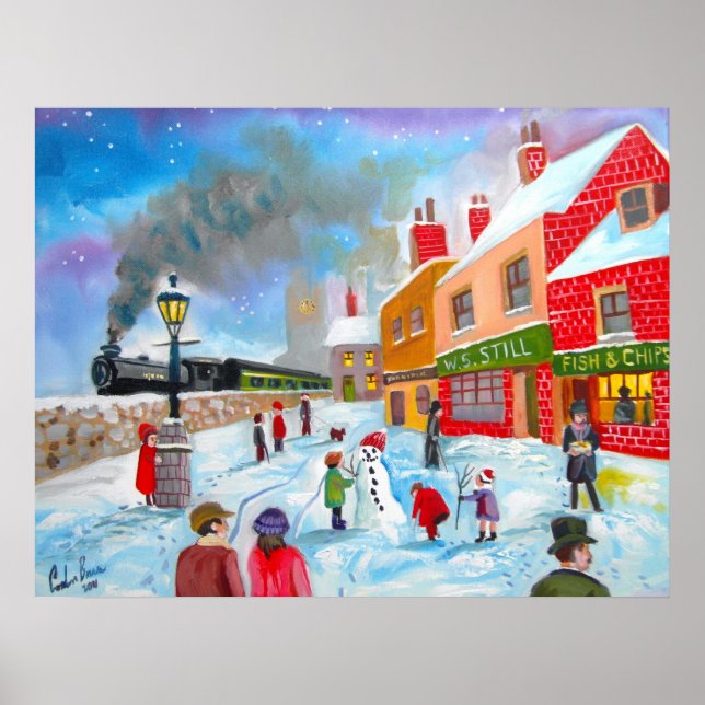 Poster Snowman scène d'hiver folk art peinture train (Devant)