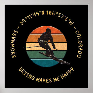 Poster Snowmass, Colorado - Homme skieur, Texte Jaune