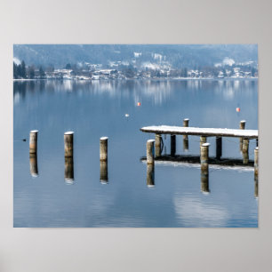 Poster Snowy pier in winter, Lake Tegernsee, Germany