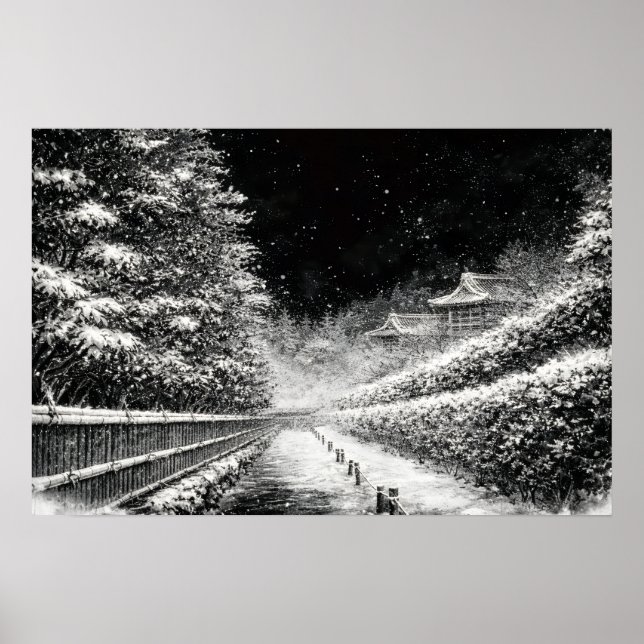 Poster Snowy Temple Path at Night – Japanese Zen Wall Art (Devant)