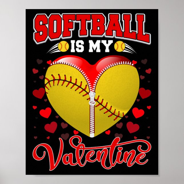 Poster Softball Est Mon Valentine Softball Ball Heart Val (Devant)