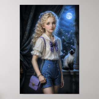 Poster Soirée au clair de lune avec une fille rêveuse