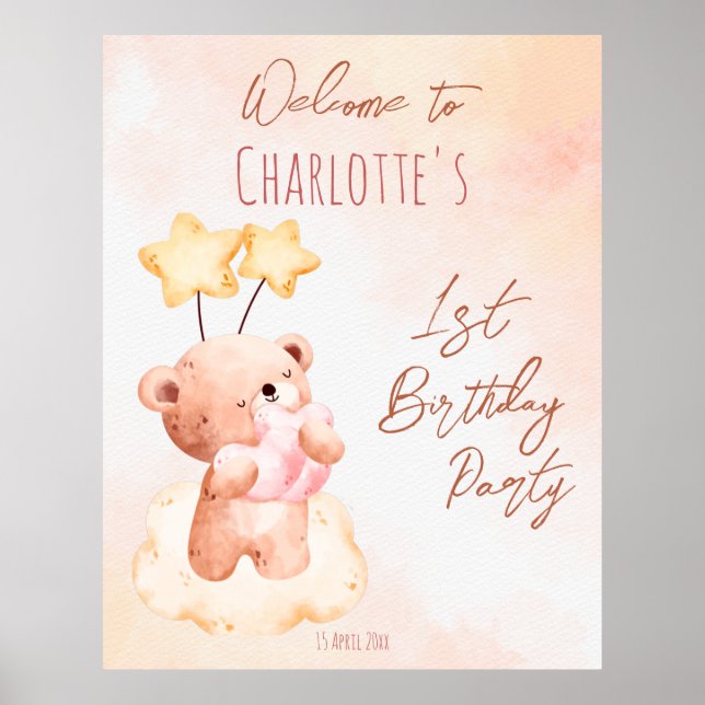 Poster Soirée d'anniversaire à l'ours en peluche sucré pe (Devant)