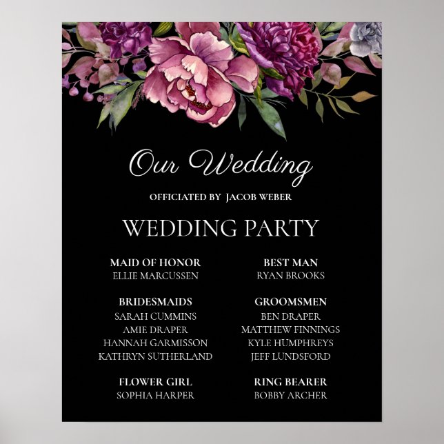 Poster Soirée de mariage violet rose floral noir (Devant)