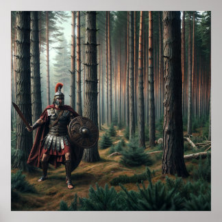 Poster Soldat romain effrayant dans la forêt verdoyante