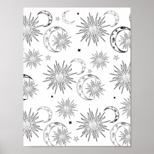 Poster Soleil céleste astrologie fantaisiste noir et blan
