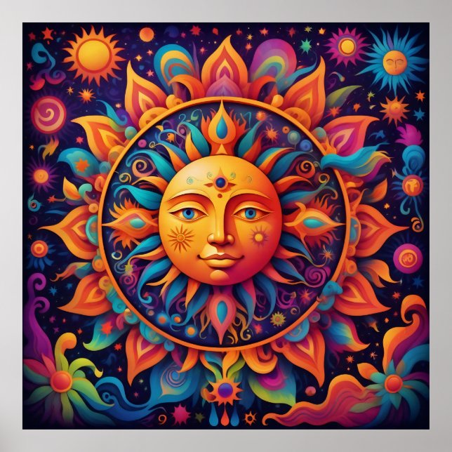 Poster Soleil cosmique : Une Tapisserie psychédélique (Devant)