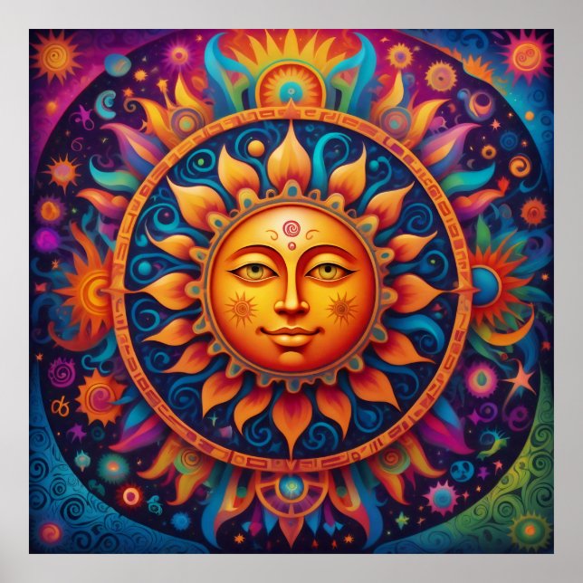 Poster Soleil cosmique : Une Tapisserie psychédélique (Devant)